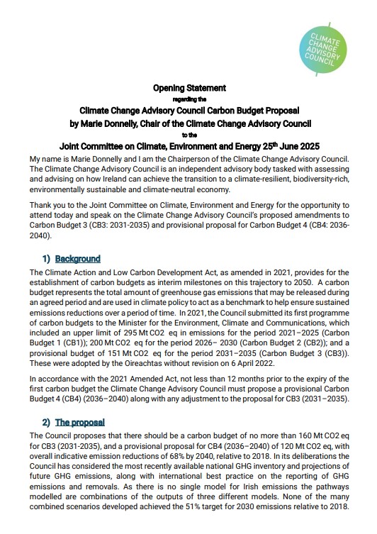Opening Statement regarding Carbon Budgets to the Joint Committee on Climate, Environment and Energy